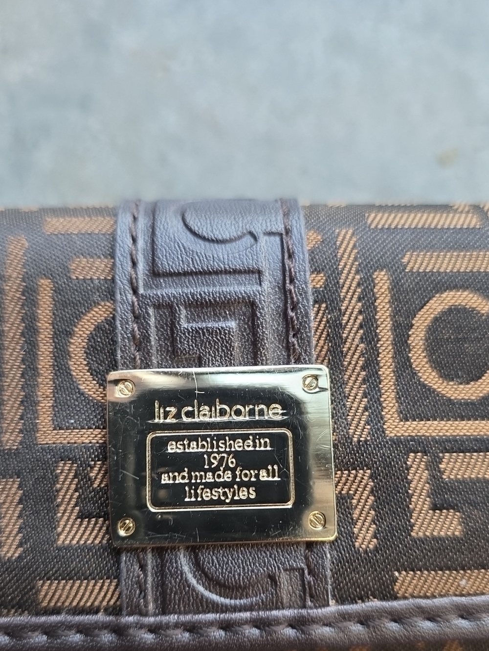 Liz Claiborne Brown Monogram Crossbody with Gold Plaque